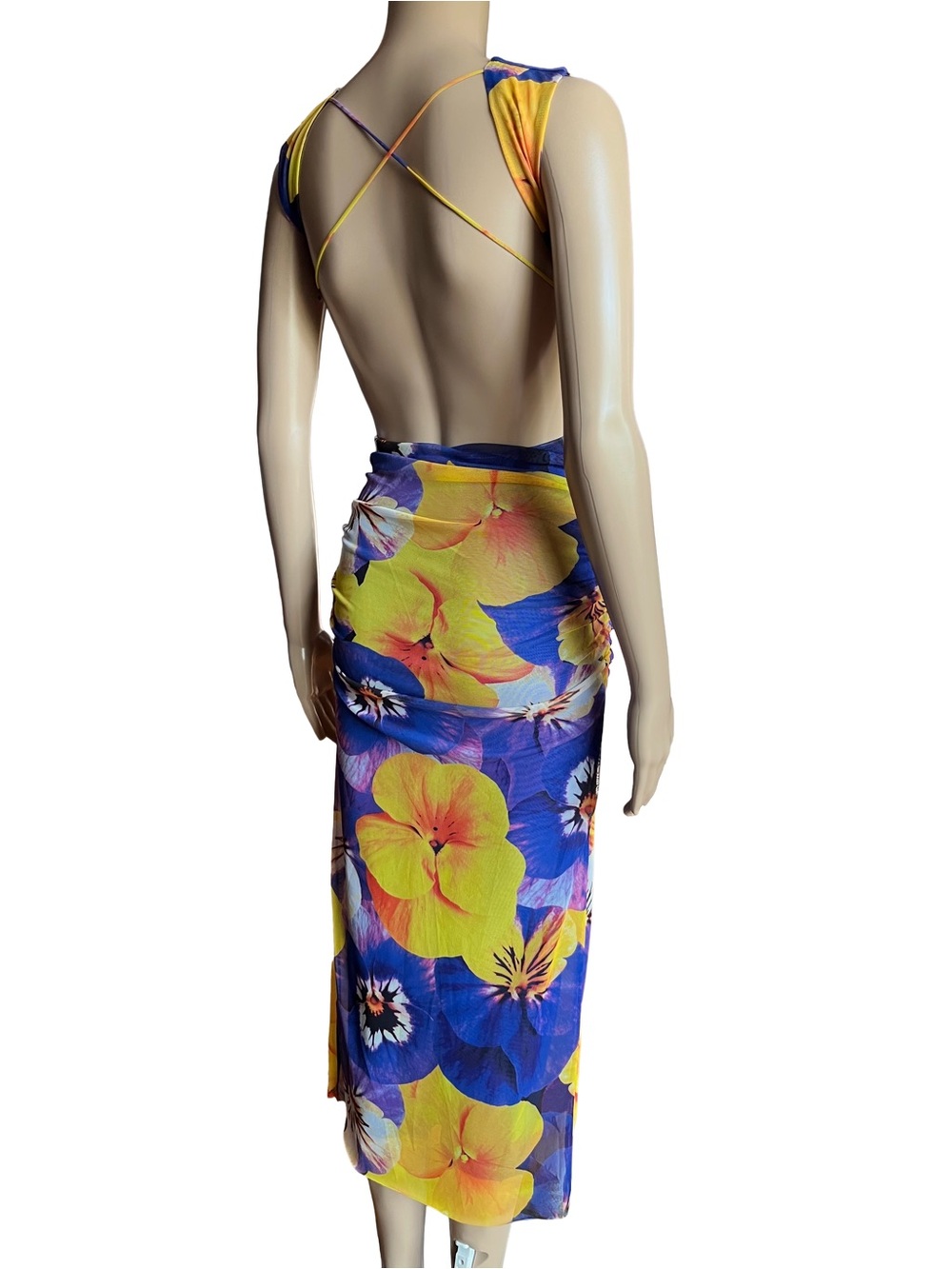 Zara Floral Ruched Tulle Midi Dress Open Back Mesh Bodycon S - Picture 3 of 9